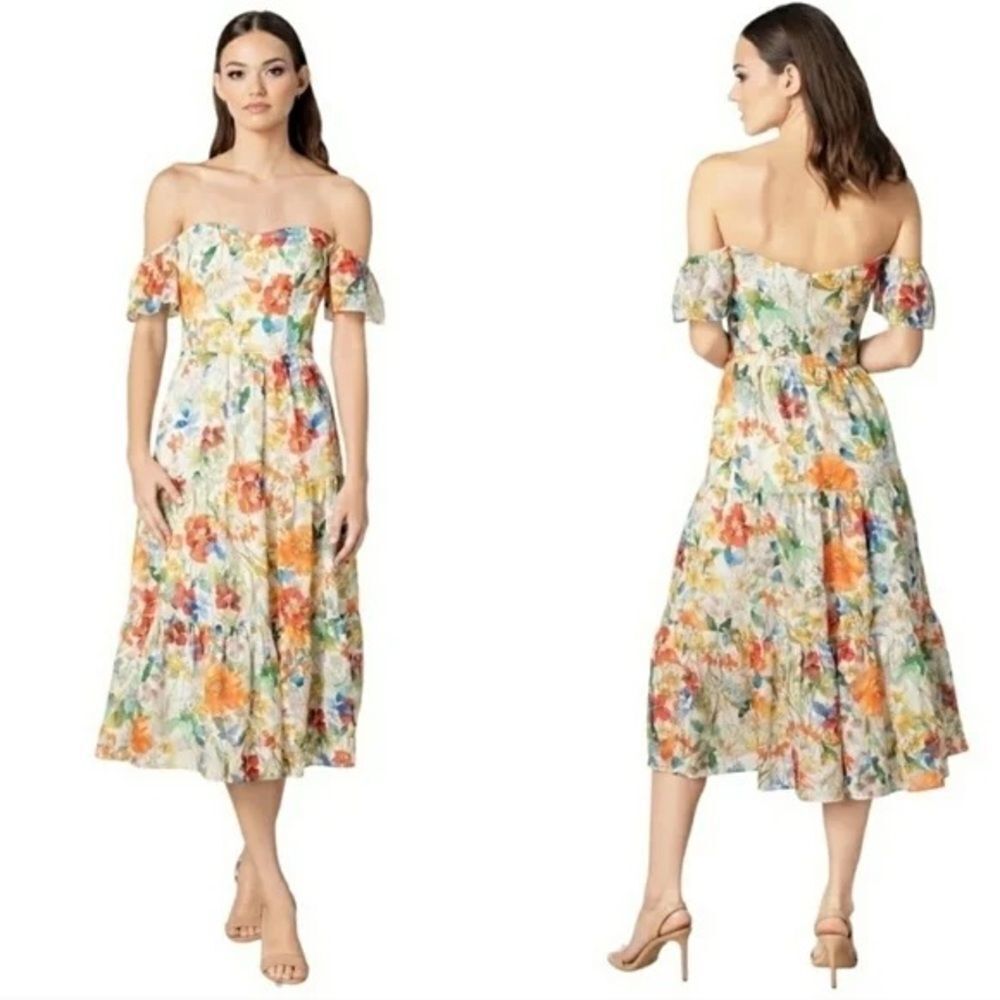 Dress the Population Canary Floral River Off-the-Shoulder Tiered Midi Dress Sz S